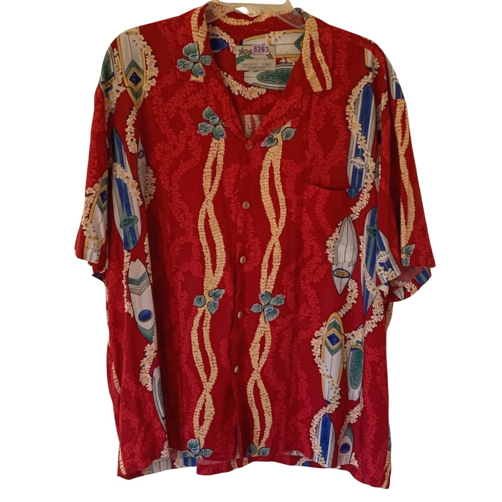 Paradise Found 2XL Hawaiian Shirt Red Surfboard Waikiki Pipeline Sunset Beach